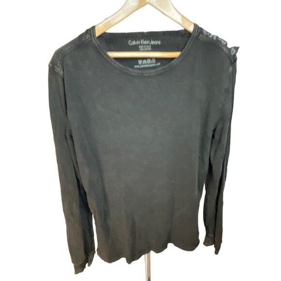 Calvin Klein Jeans Black Thermal Elbow Patch Crew Neck Pullover Shirt Sz L - Picture 1 of 10